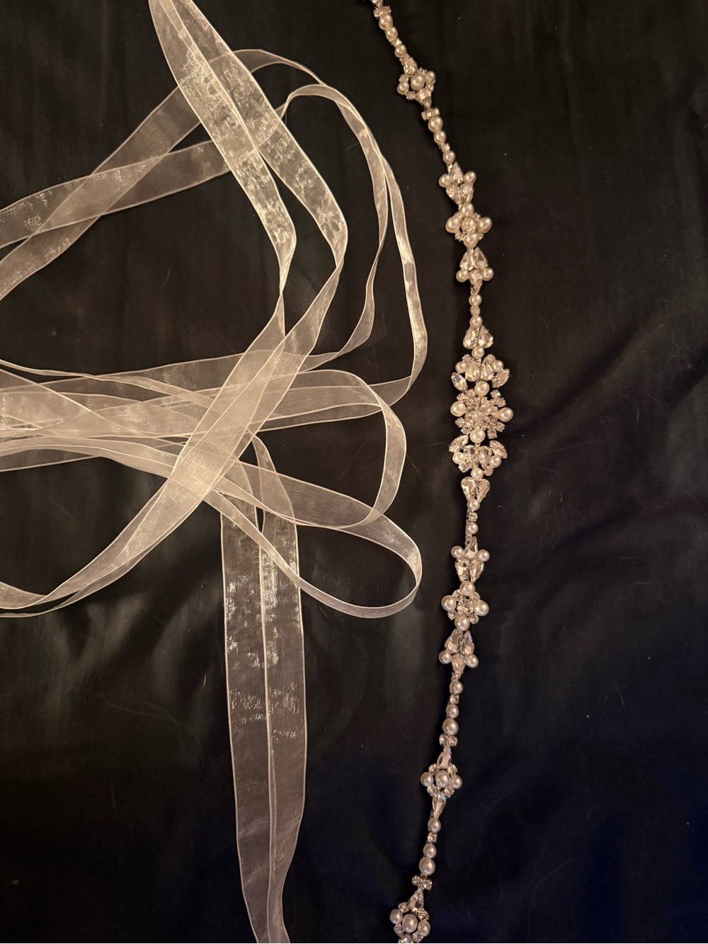 David's Bridal White Sheer Ribbon Crystal Floral Belt